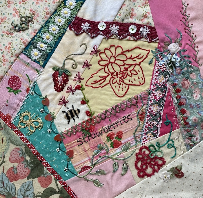 Sweet Colorful Hand Embroidered shops and Quilted Vintage Quilt