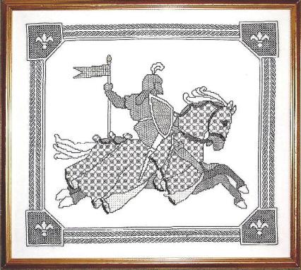 The X-Calibre range of blackwork kits includes this stunning knight and his lady, both stitched in traditional black and gold. Available to download.