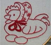 Hen stitched in Redwork embroidery